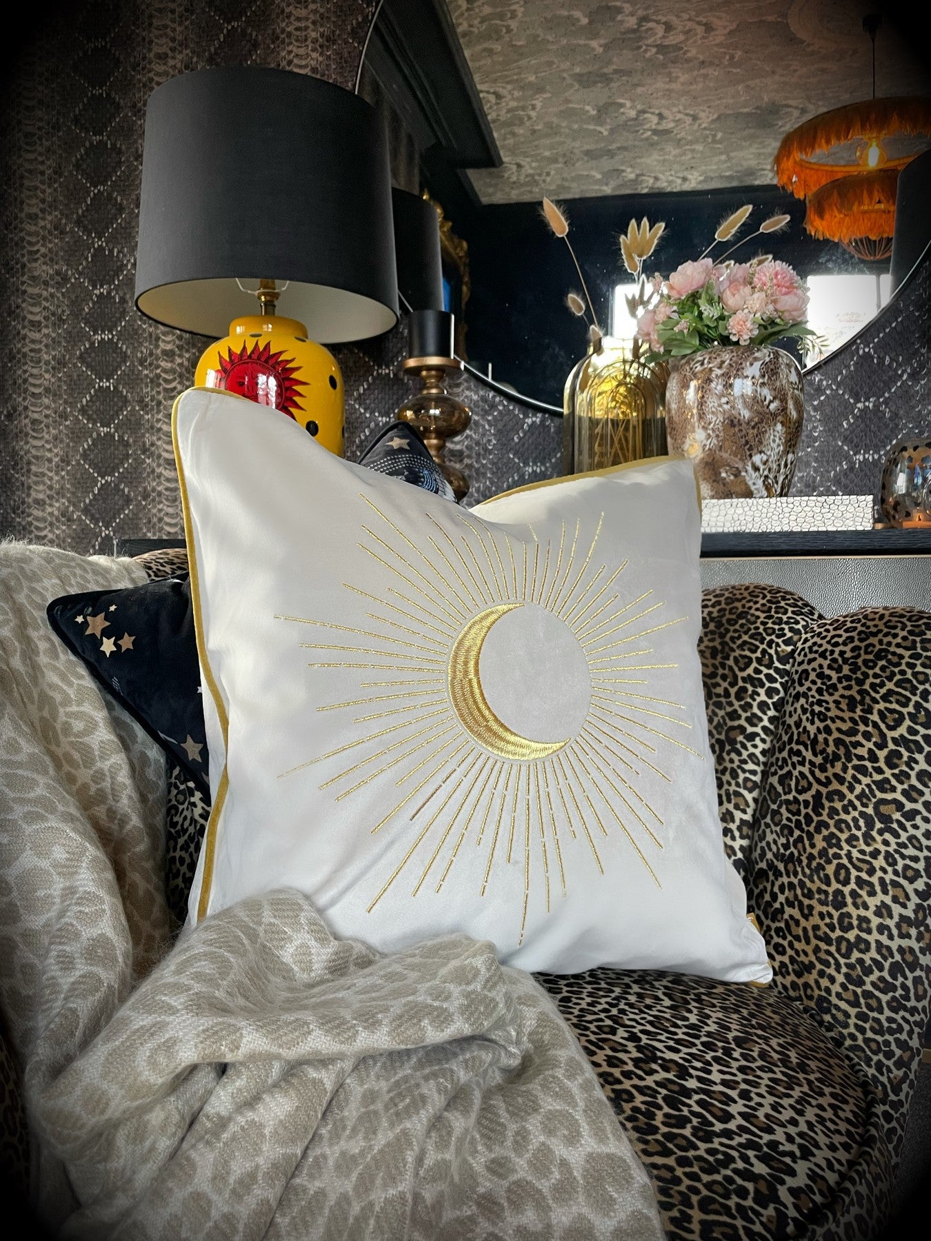 White and gold velvet moon star celestial horoscope cushion. Homewares online, home accessories and décor, interiors, interior design, house accessories new home gifts. Quirky, unusual home accessories for eclectic home soft furnishings.