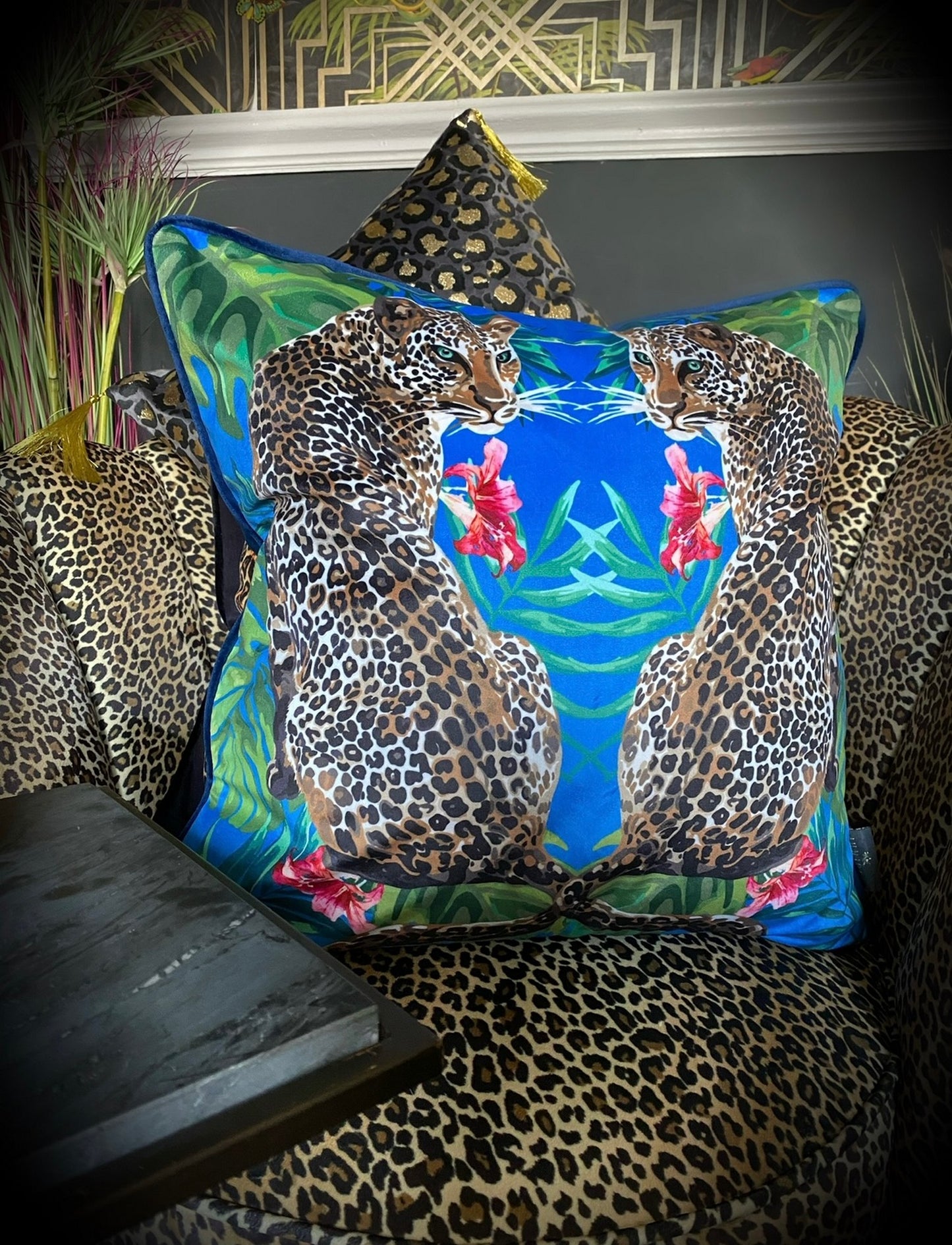 blue leopard print cushion animal print jungle flowers monkey planter cream emerald green plant pot with gold colonial monkey jungle print homeware home interior home accessories cushions velvet cushion. Blue leopard print cushion.
