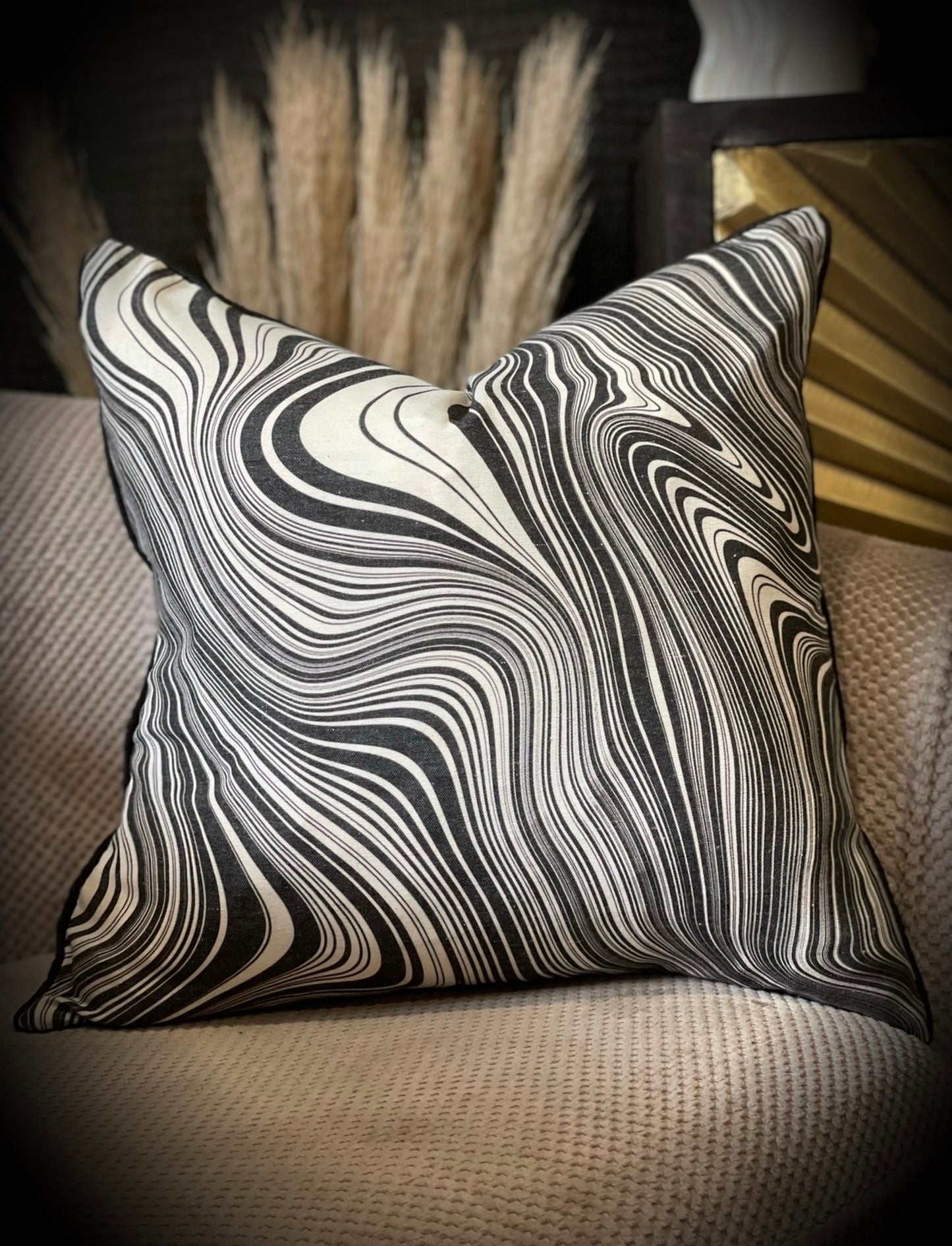 Marble print 70's vibe homeware. Monochrome swirl marble pattern cushion. Homewares online, home accessories and décor, interiors, interior design, house accessories new home gifts. Quirky, unusual home accessories for eclectic homes.
