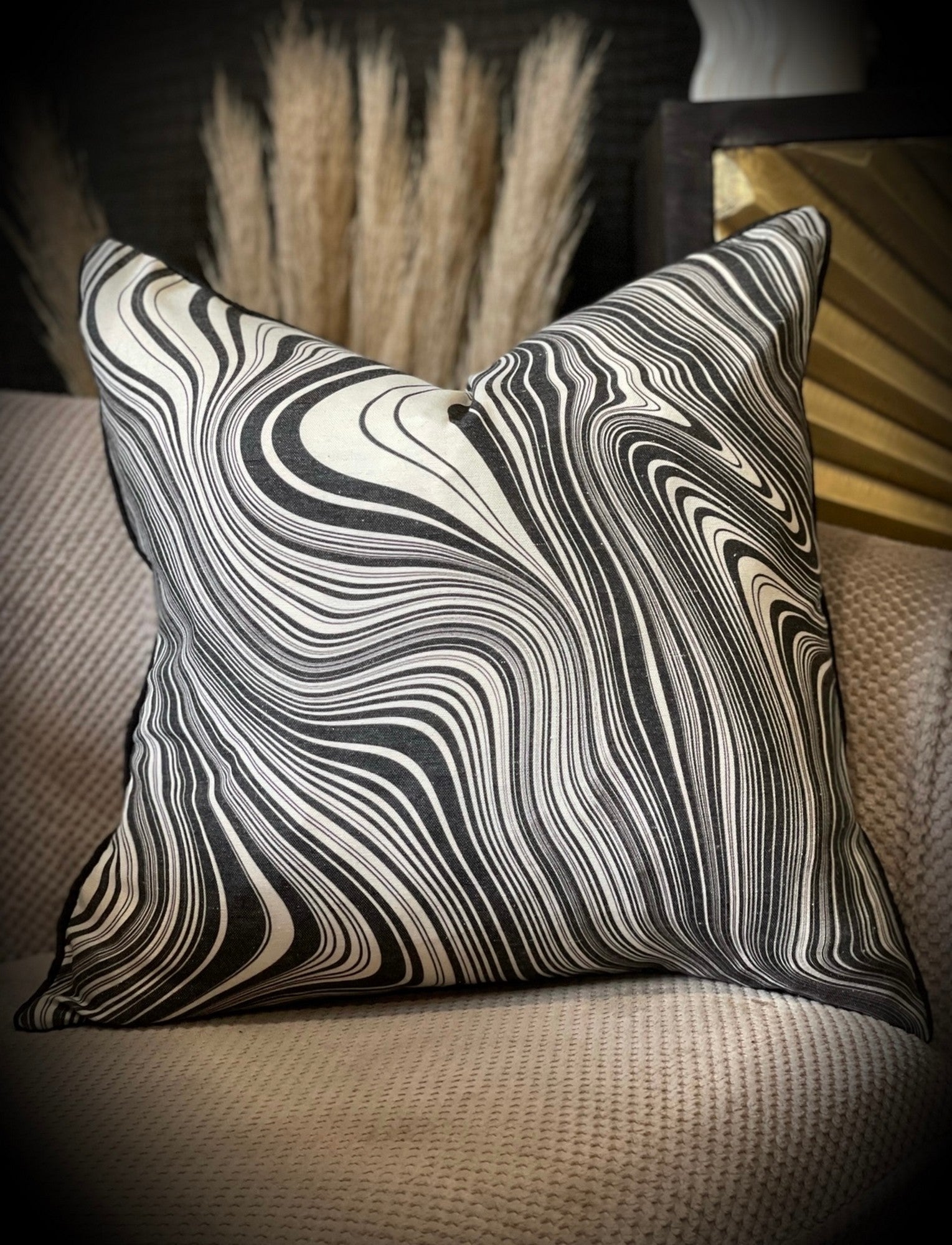 Marble print 70's vibe homeware. Monochrome swirl marble pattern cushion. Homewares online, home accessories and décor, interiors, interior design, house accessories new home gifts. Quirky, unusual home accessories for eclectic homes.