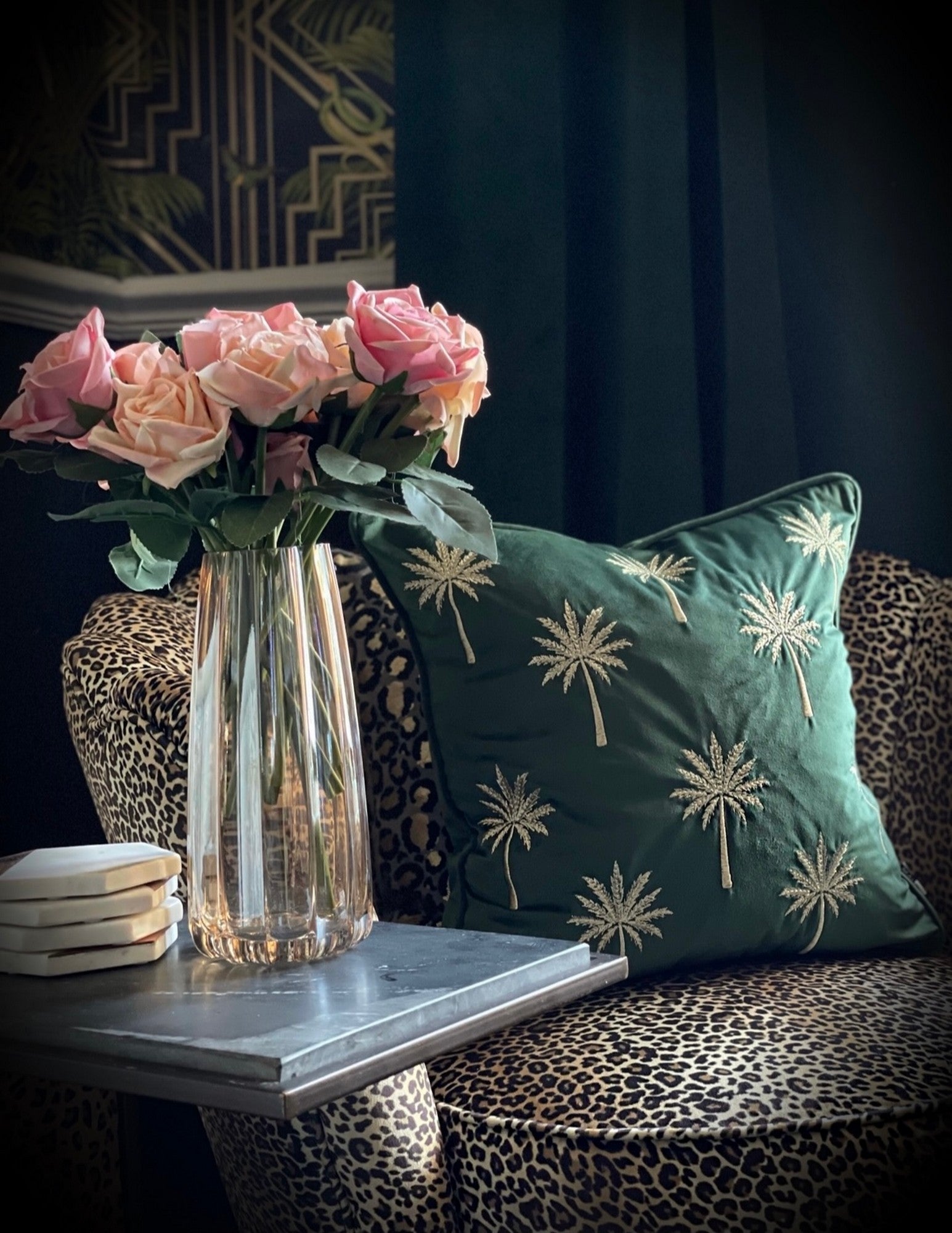 Homewares online, home accessories and décor, interiors, interior design, house accessories new home gifts emerald green velvet cushion with palm trees, art deco luxury soft furnishings