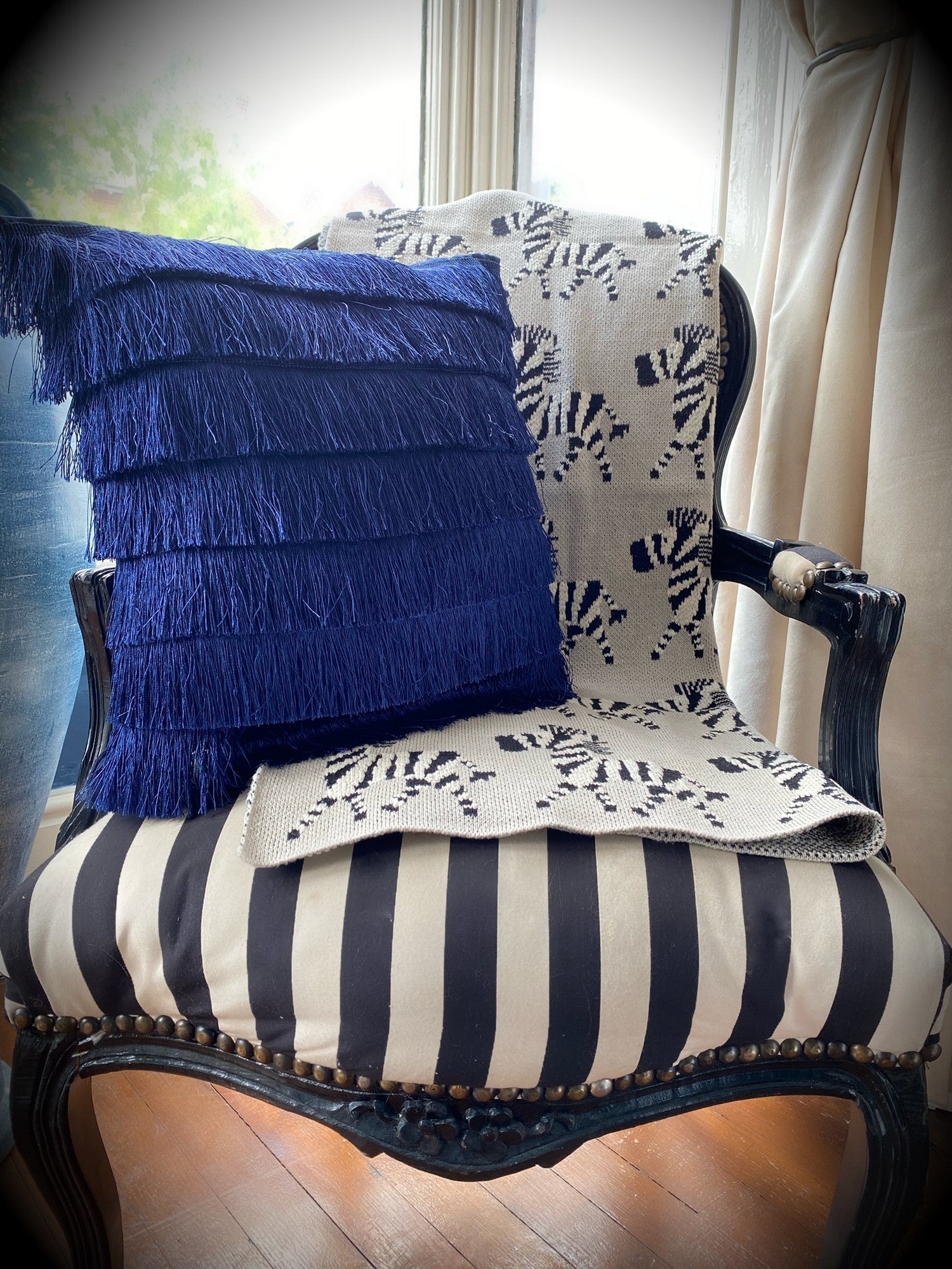 Navy tassel cushion with fringing flapper art deco. Cushion pillow throw.
