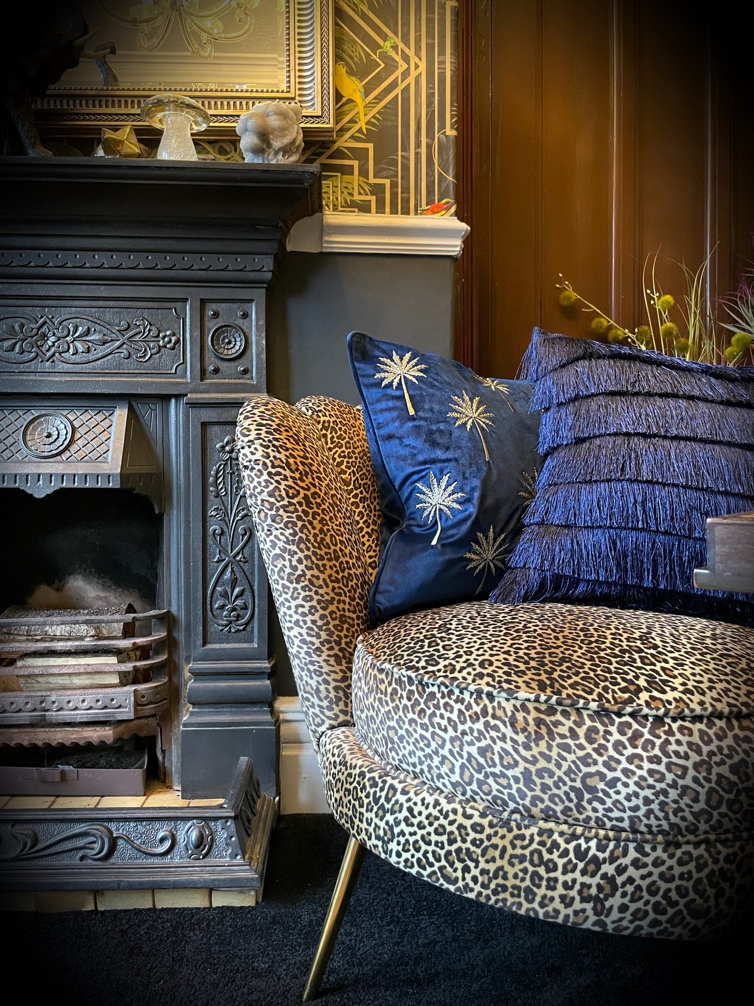 Navy tassel cushion with fringing flapper art deco. Cushion pillow throw.