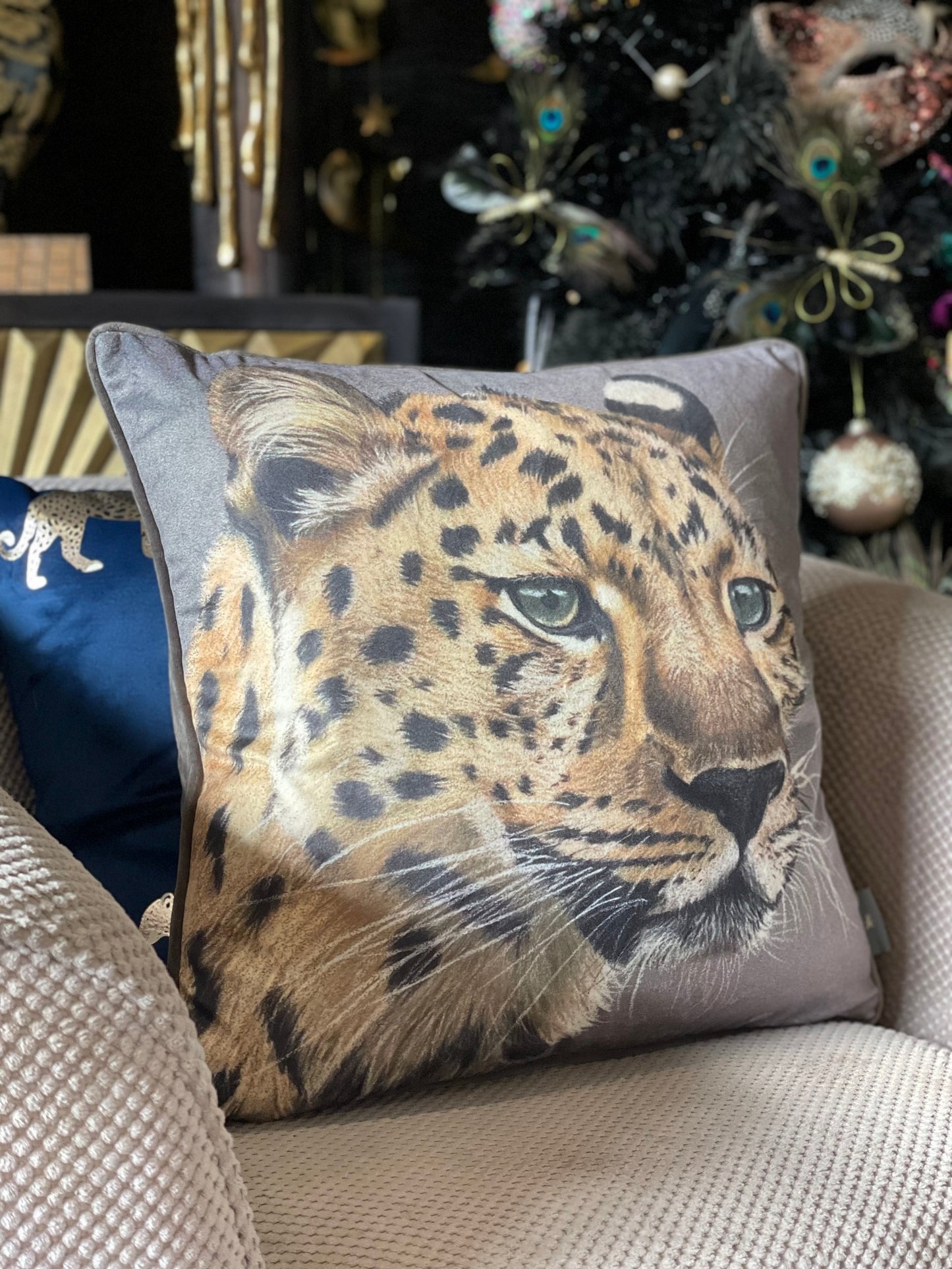 Grey Painted Leopard Cushion