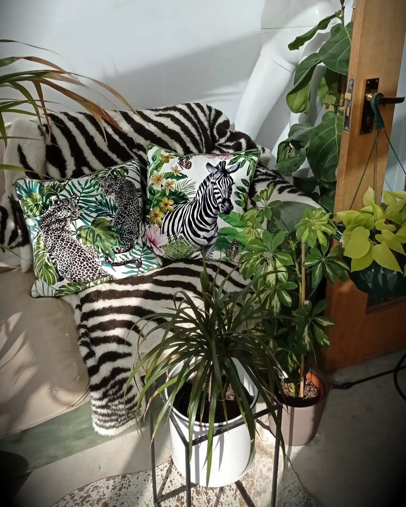 Zebra print leopard print velvet cushion. Green white cushions with jungle print leaves. Eclectic decor accessories animal print.